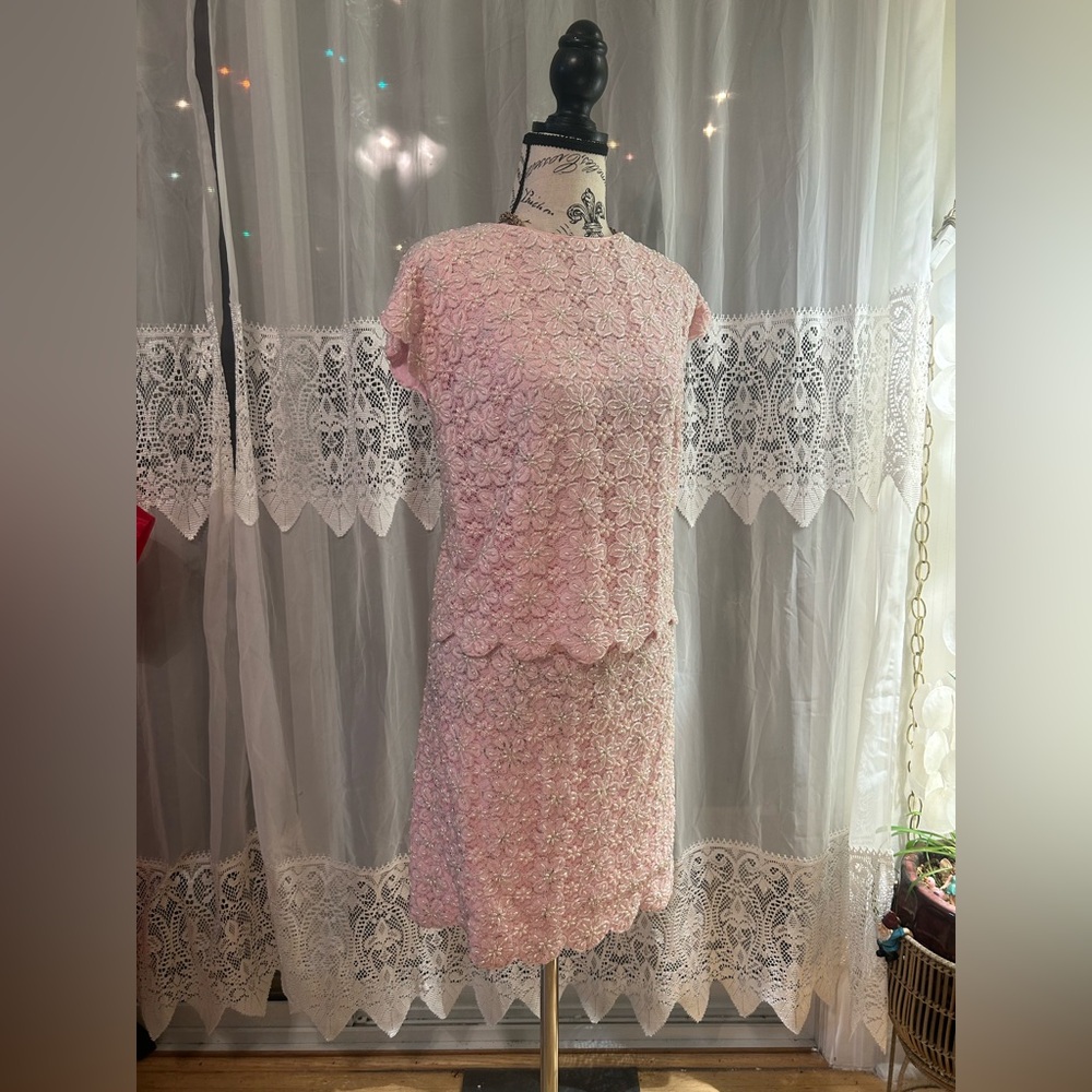 Vintage 1960s Pink Beaded Lace Two-Piece Dress Set – Imports by Krisko Hong Kong